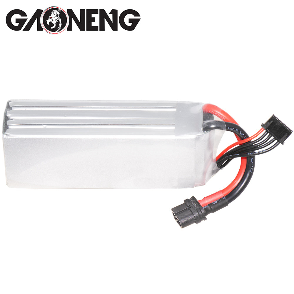 GAONENG GNB LiPo battery rear view showing plain silver casing, XT60 connector and balance lead
