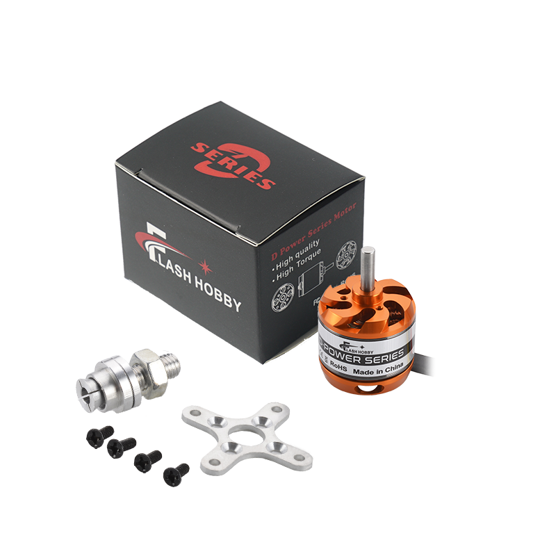 Flashhobby D-Power series brushless outrunner motor with mounting cross, prop adapter, screws, and box