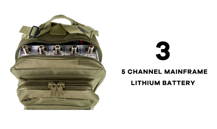 Lithium-ion battery powers three-and-a-half-channel mainframe jammer backpack.