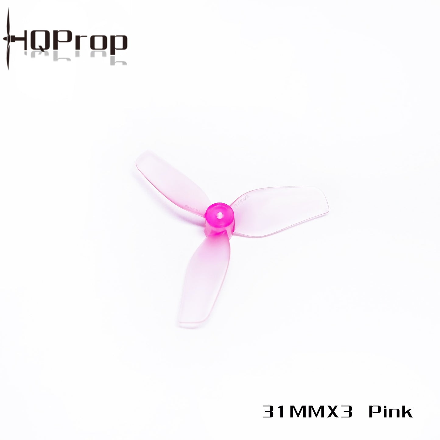 HQProp 31MMX3 pink tri-blade whoop prop, translucent blades with pink hub, 1mm shaft