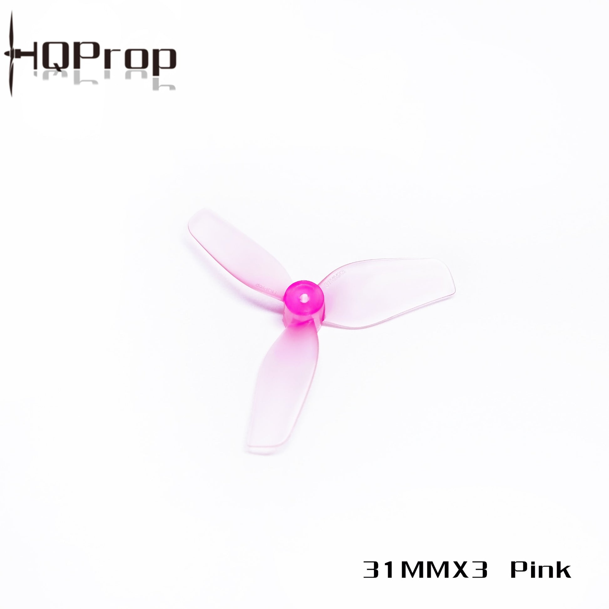 HQProp 31MMX3 pink tri-blade whoop prop, translucent blades with pink hub, 1mm shaft