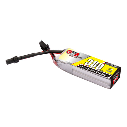 GNB 380mAh 2S 7.6V LiHV 90C battery angled view showing main lead and balance plug