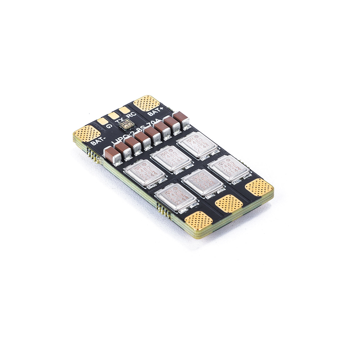 MAD Components BLHeli_32 70A 2-8S Drone ESC, MAD Components BLHeli_32 70A 2-8S 4-in-1 drone ESC board with labeled BAT and motor solder pads