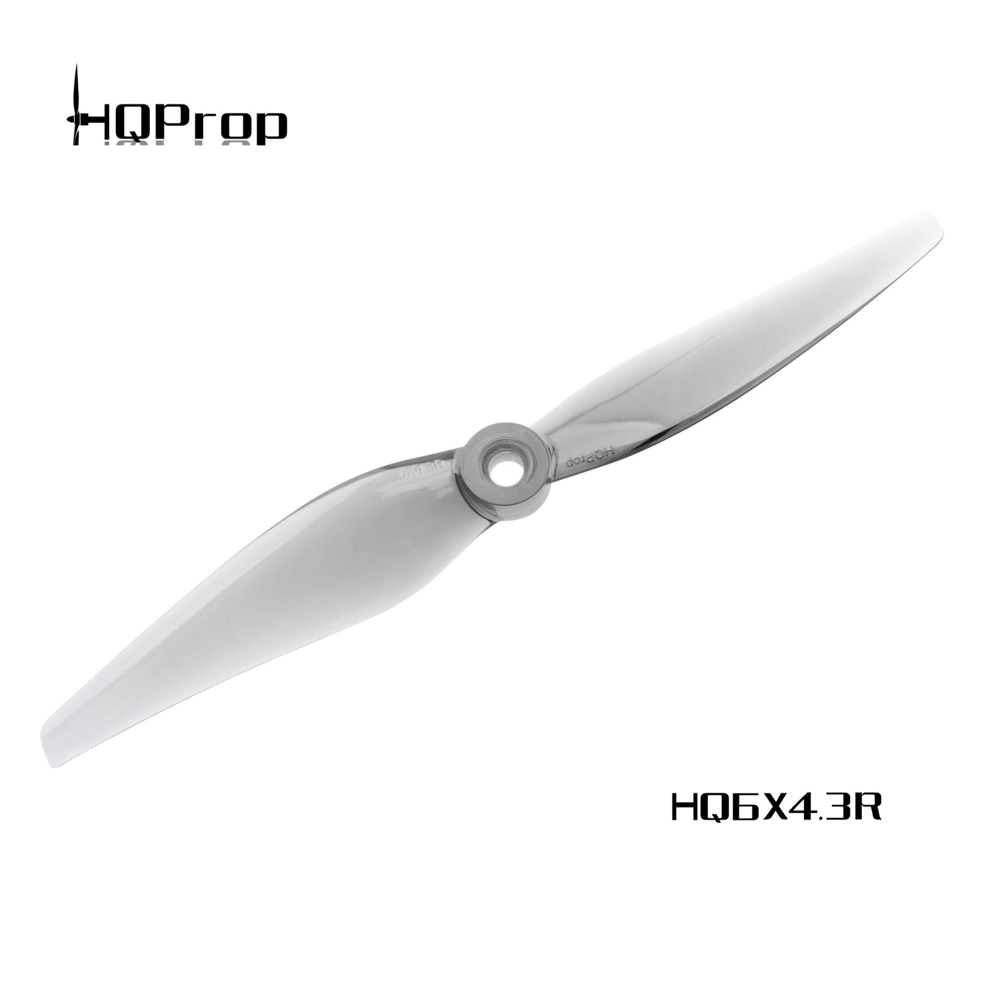 HQProp 6x4.3R grey two-blade propeller, top view with HQProp logo and model text