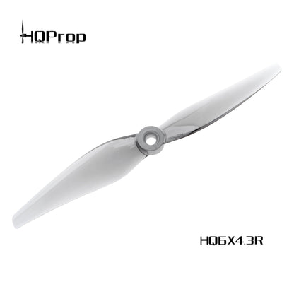 HQProp 6x4.3R grey two-blade propeller, top view with HQProp logo and model text