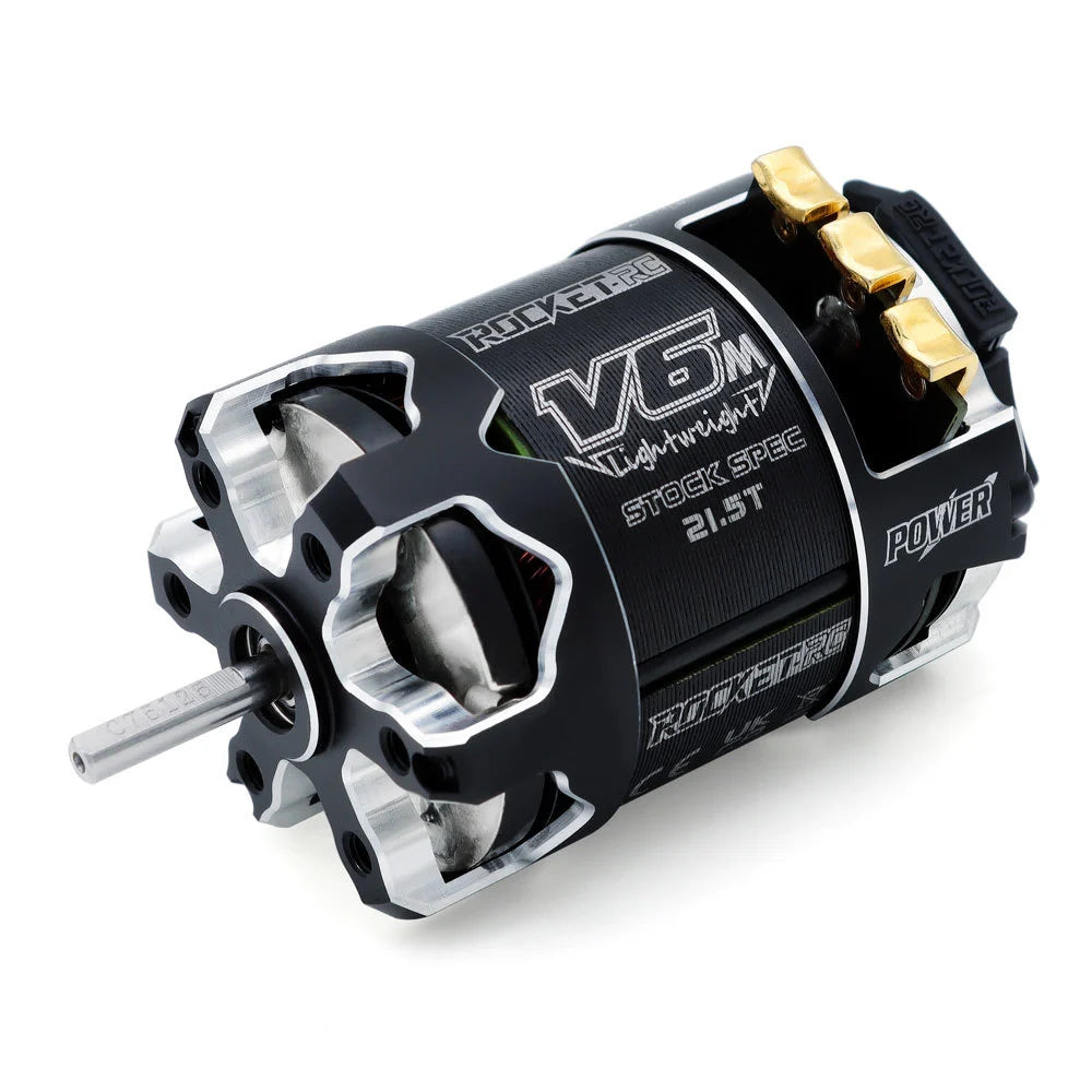 Rocket-RC 540 V6-M sensored brushless motor angled view with 21.5T stock-spec label