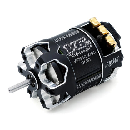 Rocket-RC 540 V6-M sensored brushless motor angled view with 21.5T stock-spec label