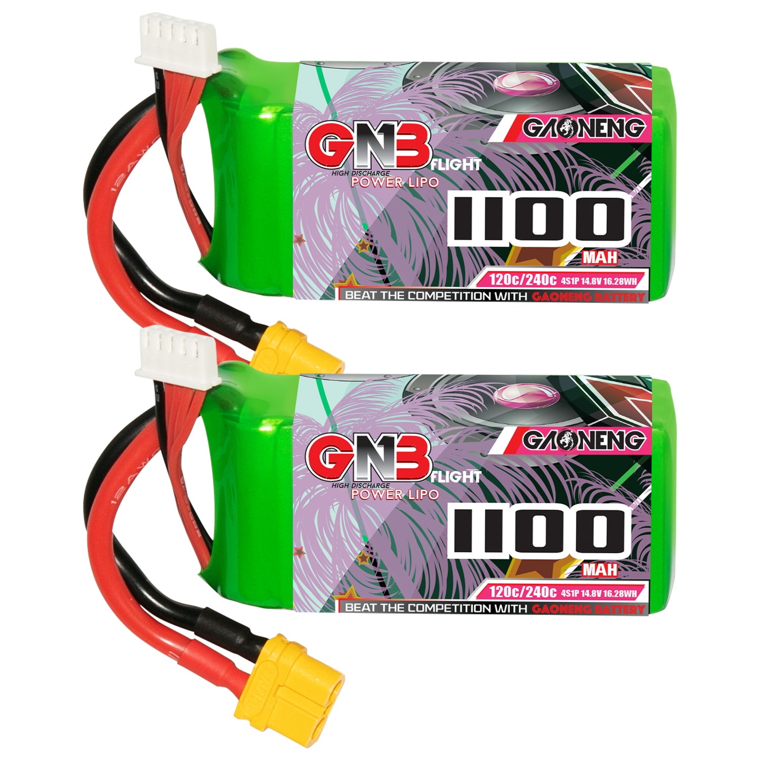 2-pack GAONENG GNB 4S 14.8V 1100mAh 120C LiPo batteries with XT60 plug and balance lead