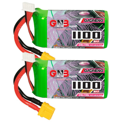 2-pack GAONENG GNB 4S 14.8V 1100mAh 120C LiPo batteries with XT60 plug and balance lead