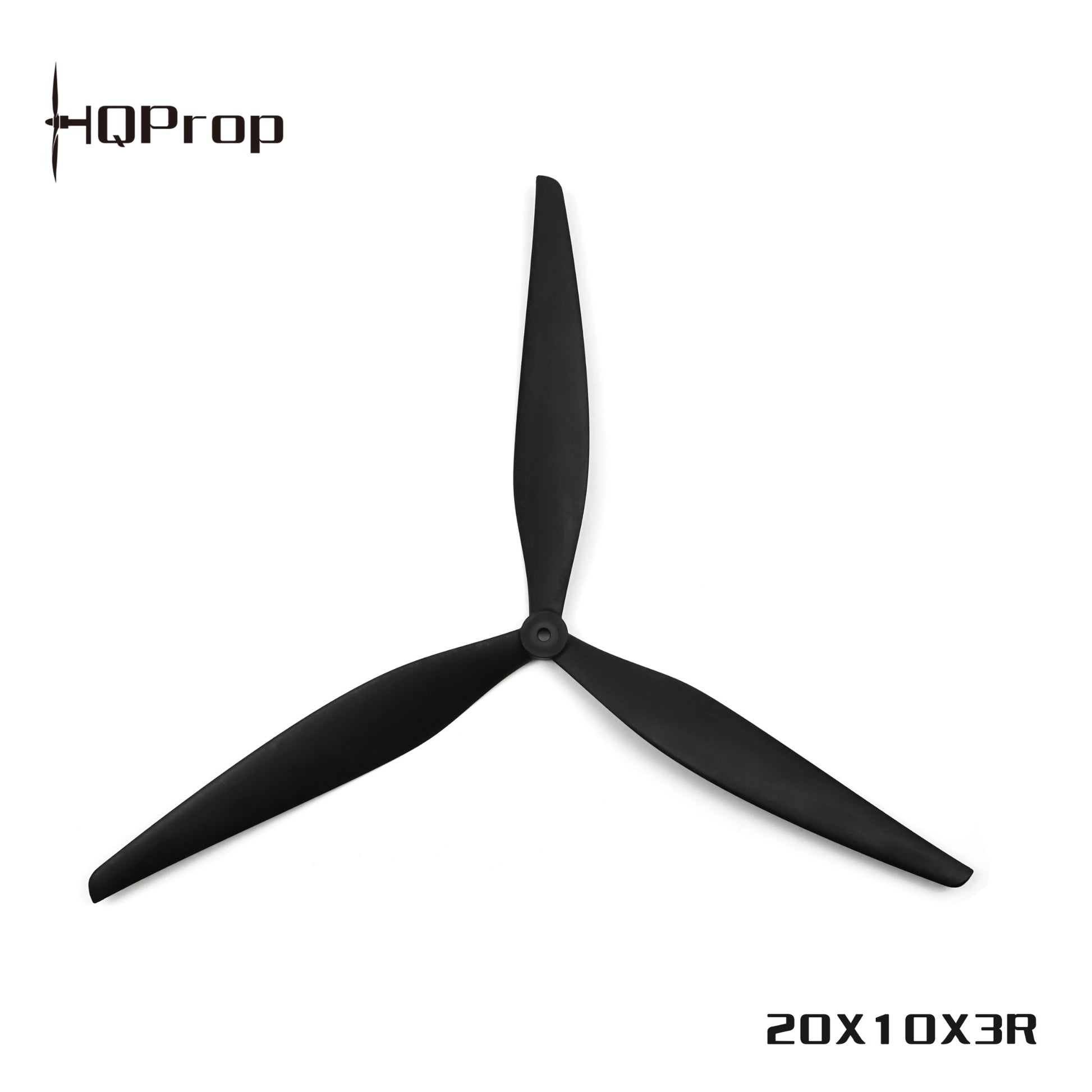 HQProp tri-blade propeller with 20X10X3R marking and HQProp logo, black on white