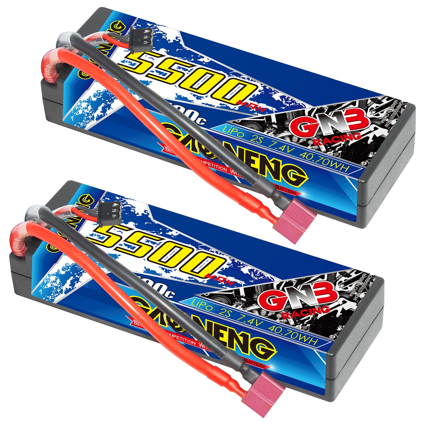 Two GAONENG 5500mAh 2S hard case LiPo batteries shown with T-plug and balance leads