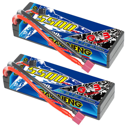 Two GAONENG 5500mAh 2S hard case LiPo batteries shown with T-plug and balance leads