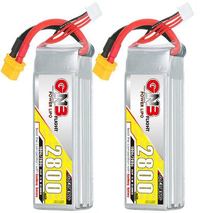 Two-pack view of GNB 2800mAh LiPo batteries with XT60 connectors and balance leads