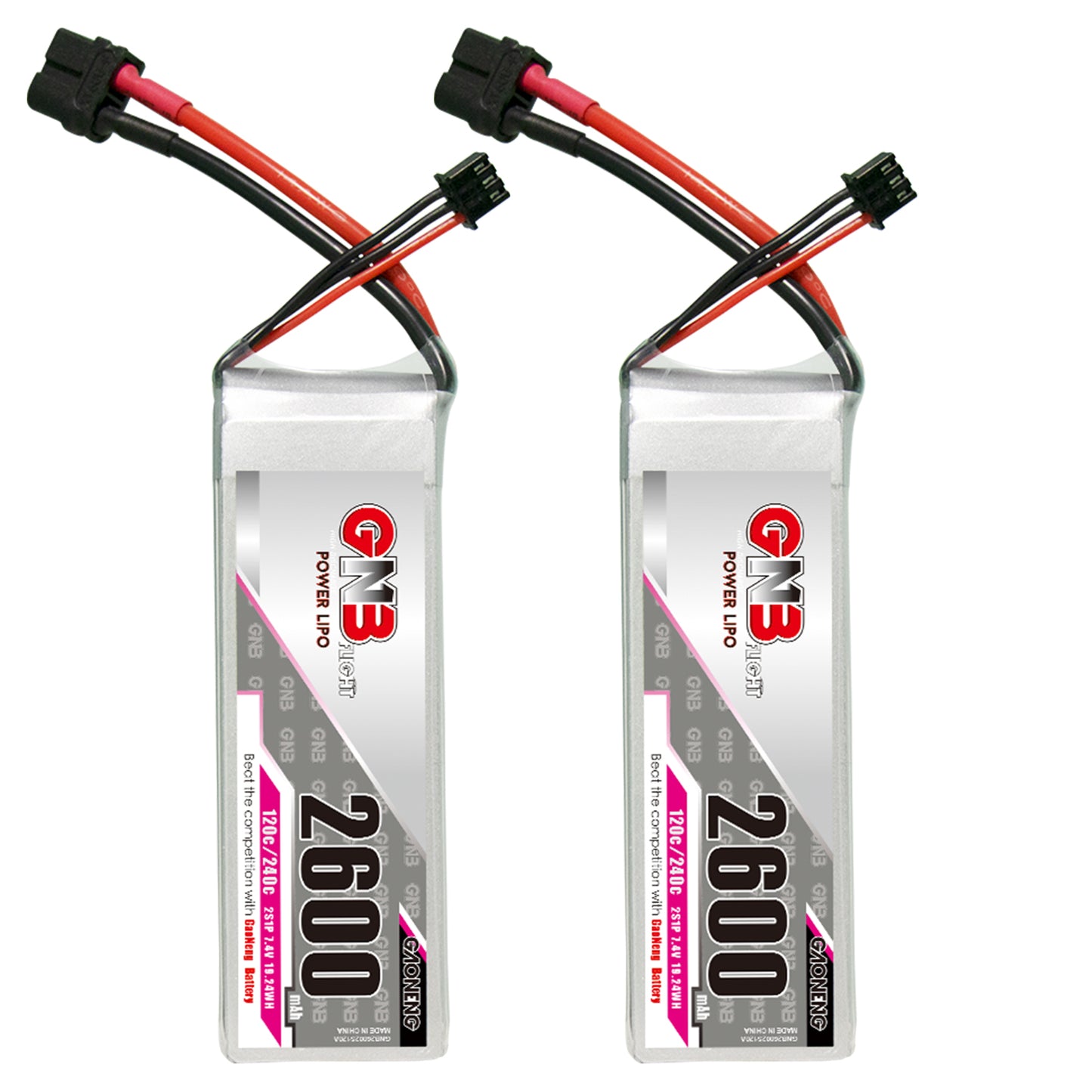 GAONENG GNB 2S 7.4V 2600mAh 120C LiPo Battery twin pack front view with balance leads