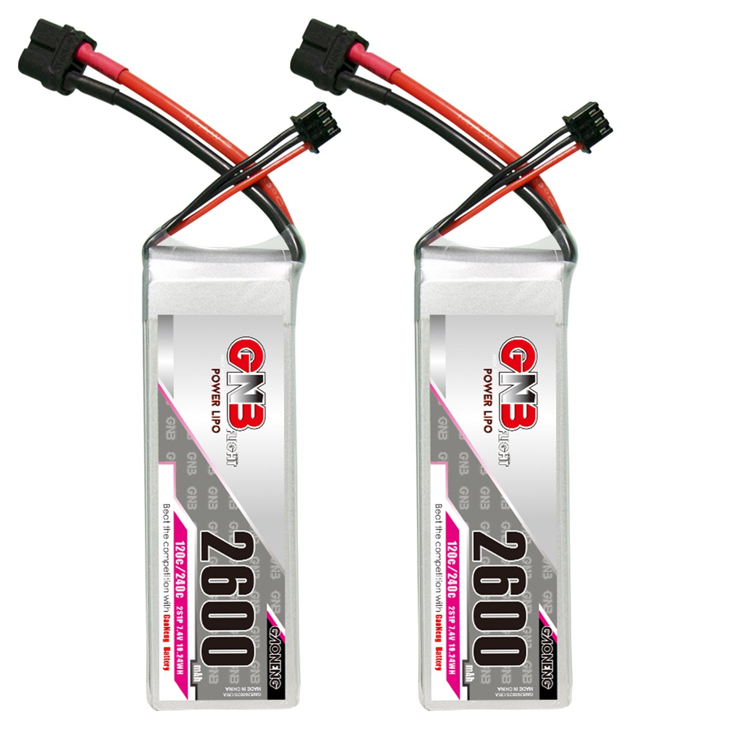 GAONENG GNB 2S 7.4V 2600mAh 120C LiPo Battery twin pack front view with balance leads