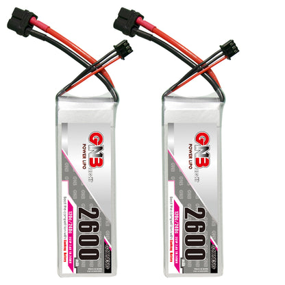 GAONENG GNB 2S 7.4V 2600mAh 120C LiPo Battery twin pack front view with balance leads