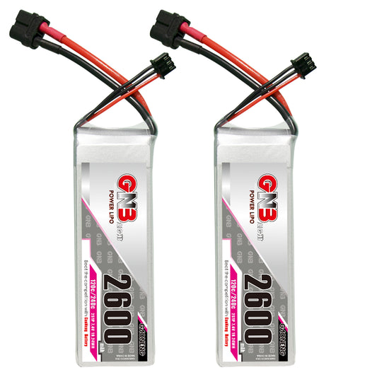 GAONENG GNB 2S 7.4V 2600mAh 120C LiPo Battery twin pack front view with balance leads