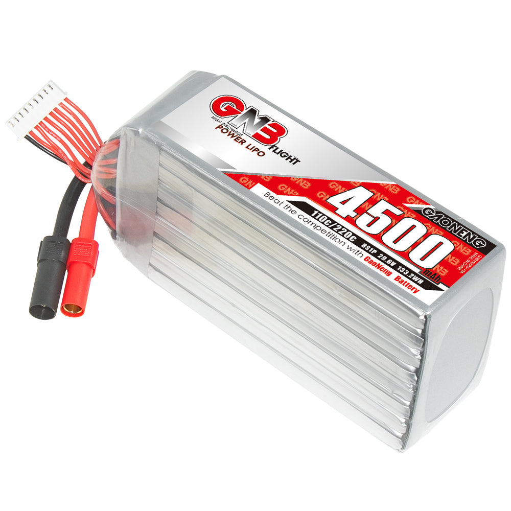 GAONENG GNB45008S110A 8S 29.6V 4500mAh 110C LiPo battery with XT150 leads, angled view