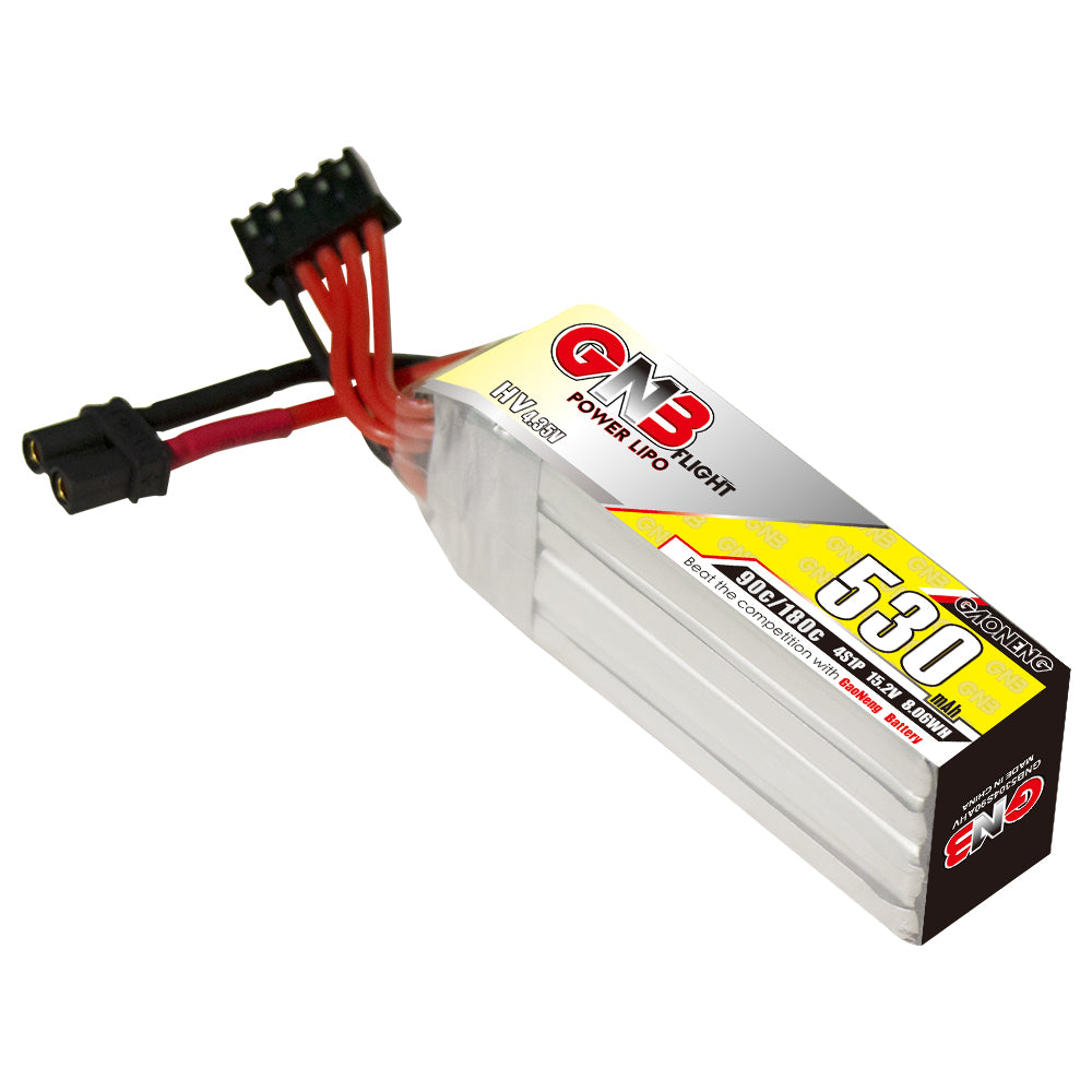 GNB 4S LiHV long 530mAh pack angled view showing wrapped cells, XT30 power lead and 4S balance connector
