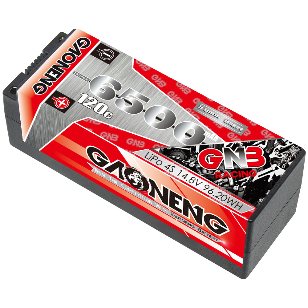 GAONENG GNB 6500mAh 120C hard case LiPo battery angled view showing top label and case thickness