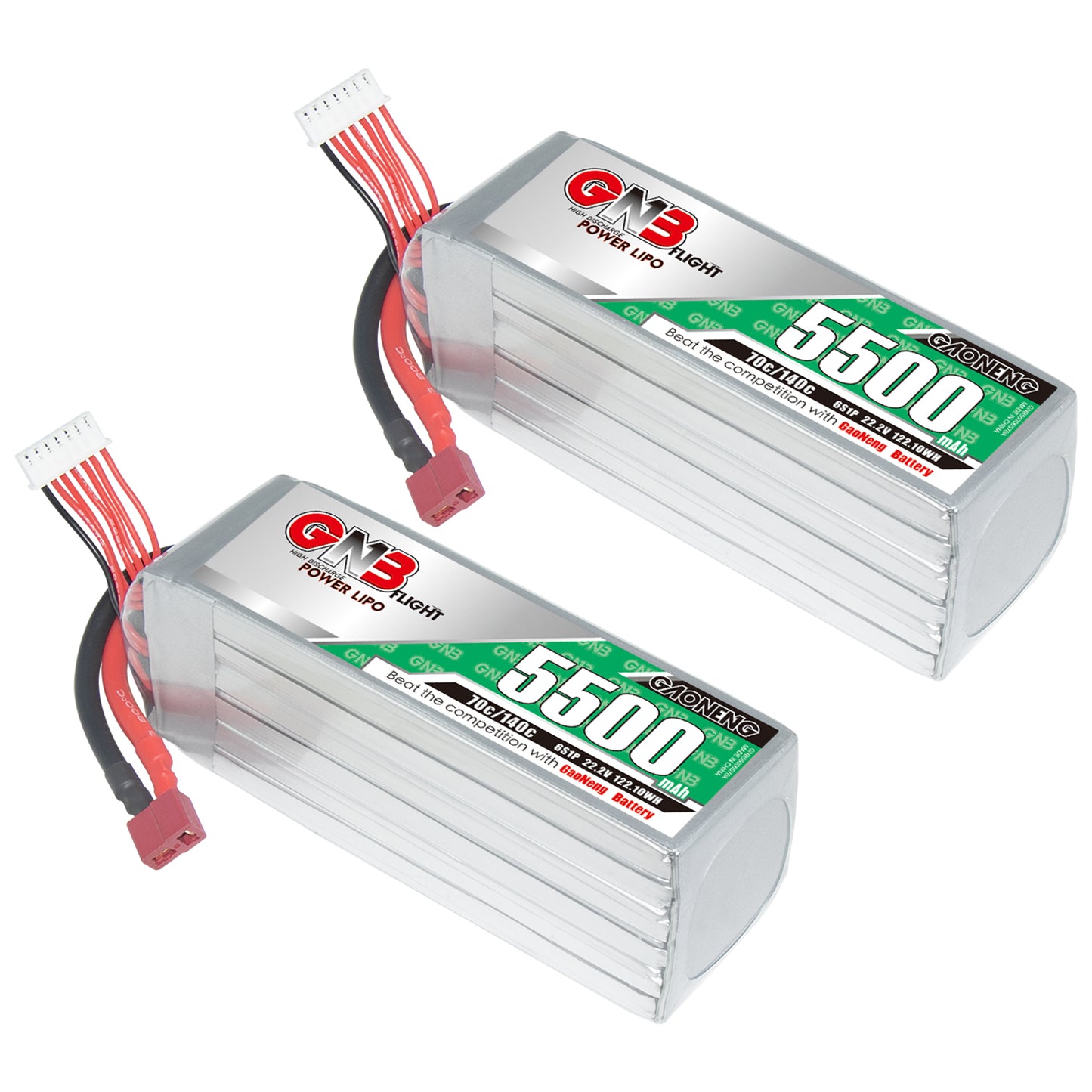Two GNB 5500mAh 6S LiPo batteries shown side by side with T-plug connectors