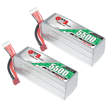 Two GNB 5500mAh 6S LiPo batteries shown side by side with T-plug connectors