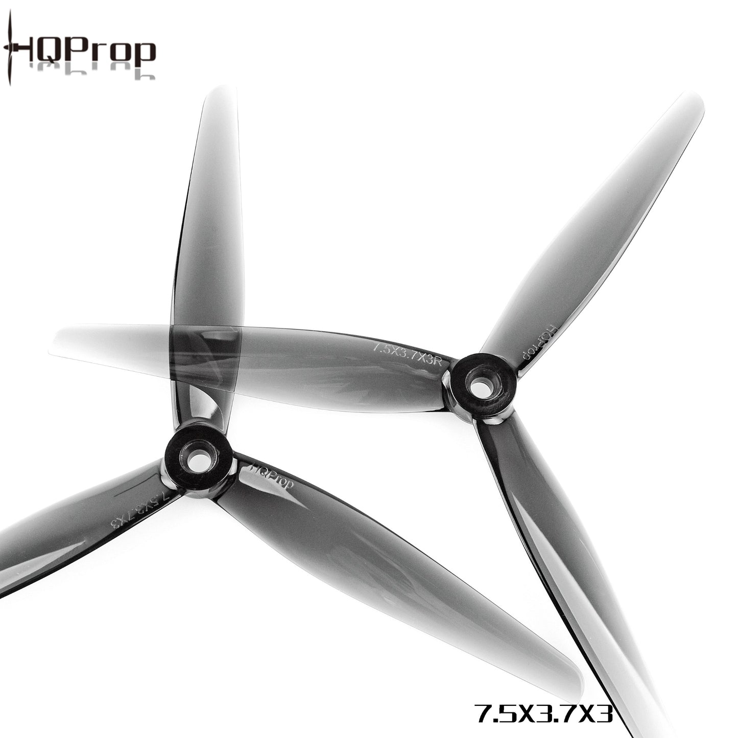 HQProp 7.5x3.7x3 Tri-Blade Propeller shown with HQProp logo and 7.5x3.7x3 size text