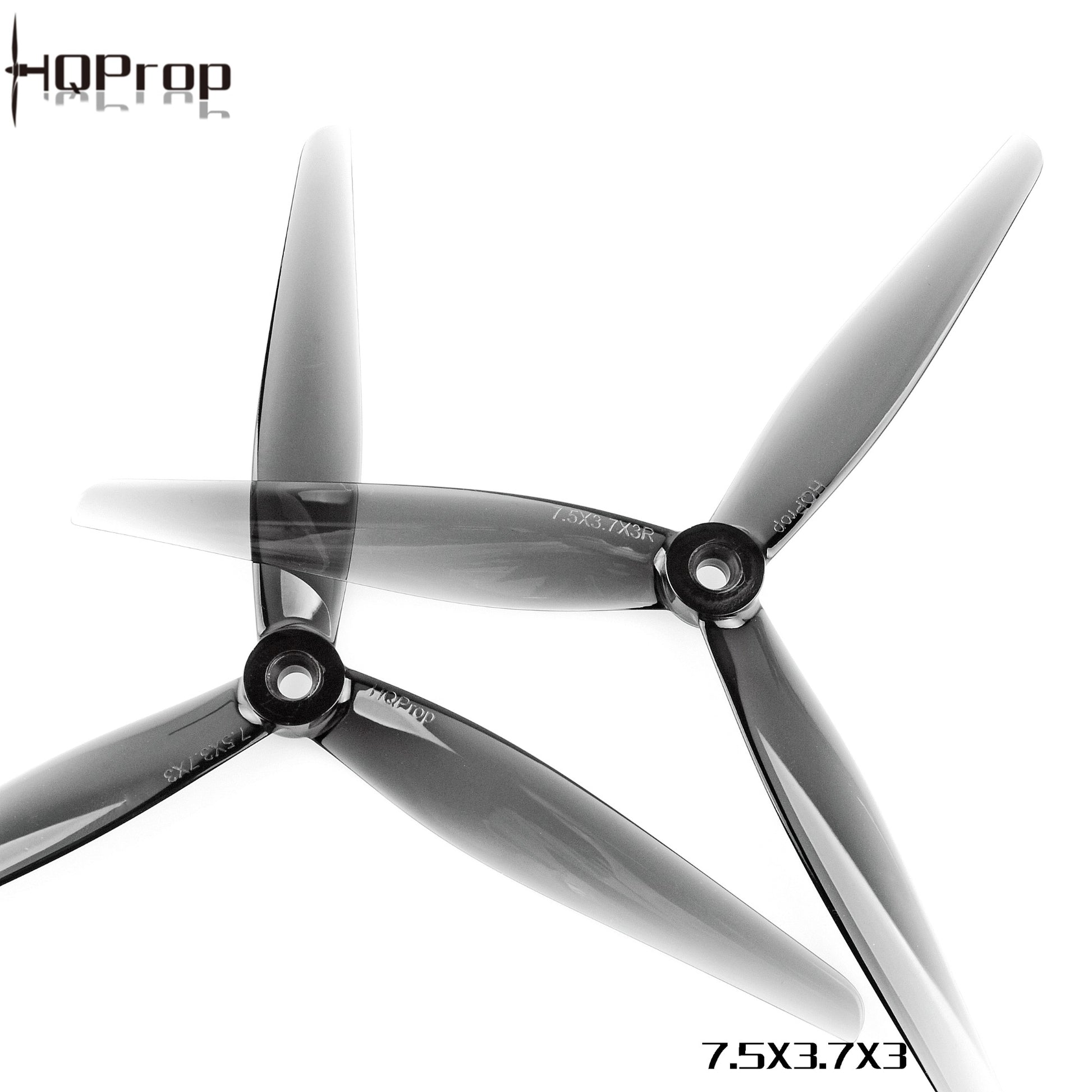 HQProp 7.5x3.7x3 Tri-Blade Propeller shown with HQProp logo and 7.5x3.7x3 size text