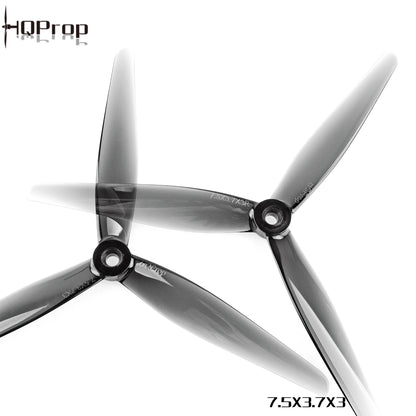 HQProp 7.5x3.7x3 Tri-Blade Propeller shown with HQProp logo and 7.5x3.7x3 size text