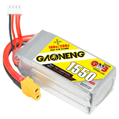 GNB 1550mAh 3S LiPo battery close-up showing GAONENG label and yellow XT60 plug