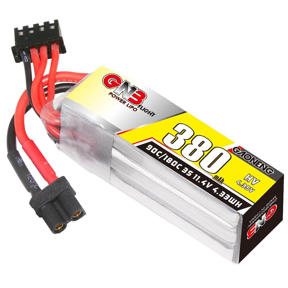 Single GNB 380mAh 3S LiHV 90C LiPo battery angled view showing label and XT30 lead