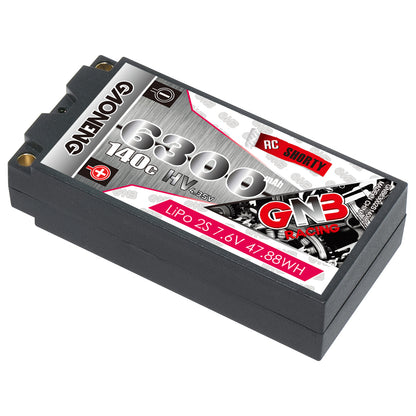 GNB 6300mAh 140C LiHV 2S 7.6V shorty hard case battery, angled top view showing label and case