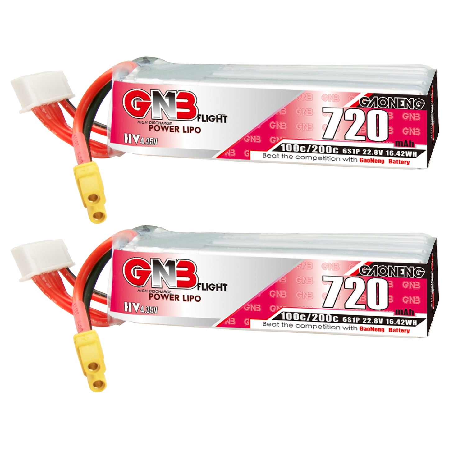 GNB LiHV 6S 22.8V 720mAh 100C XT30 long-type LiPo battery, two-pack front label view