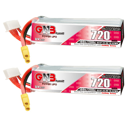GNB LiHV 6S 22.8V 720mAh 100C XT30 long-type LiPo battery, two-pack front label view