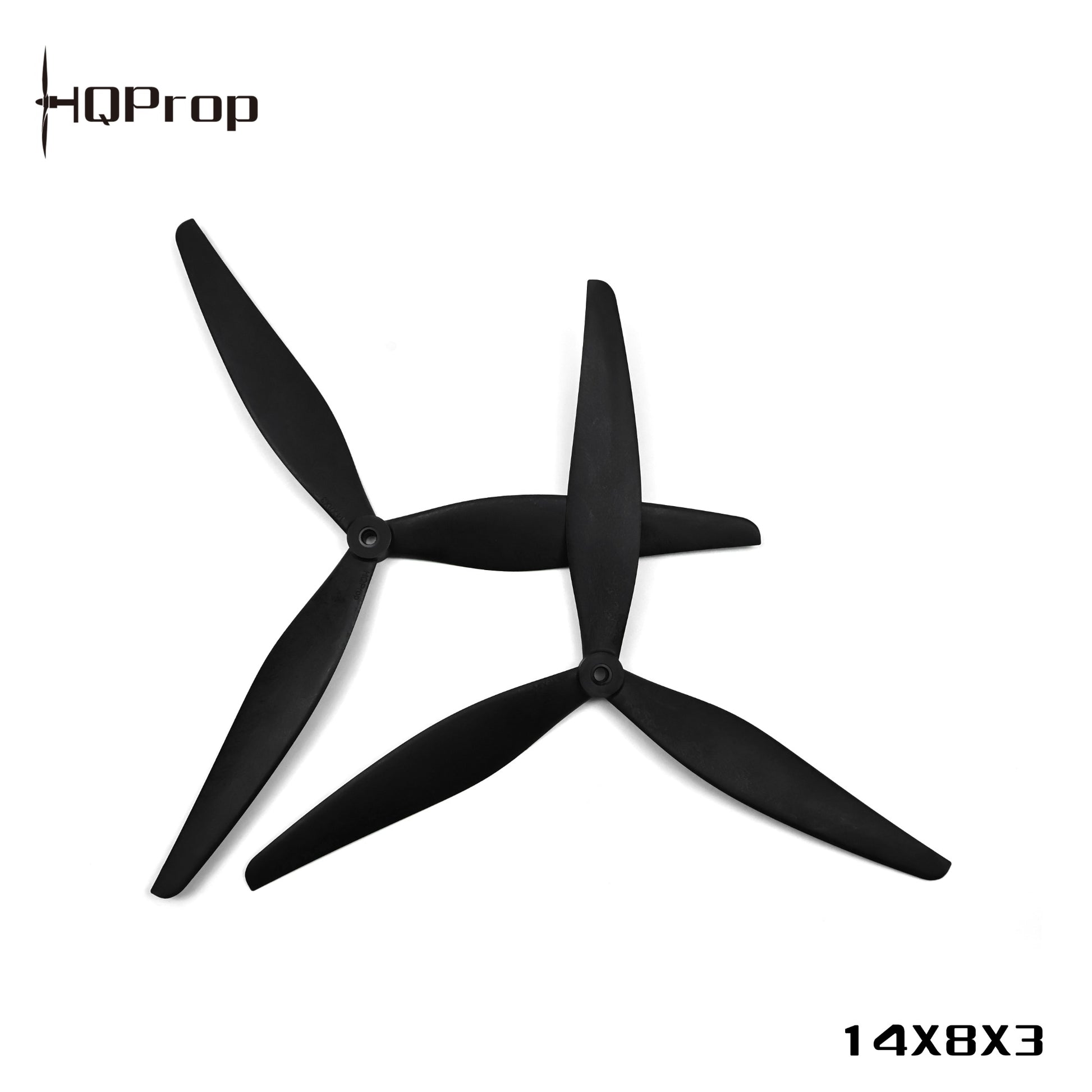HQProp black 14x8x3 tri-blade propellers, pair view with HQProp logo and 14x8x3 text