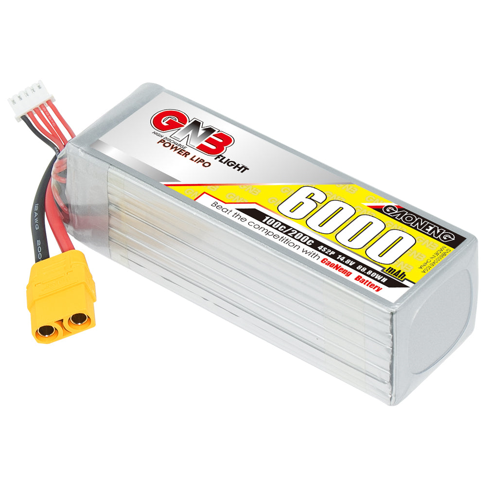 GAONENG GNB 4S 6000mAh 100C LiPo battery with XT90 plug and balance lead, angled view