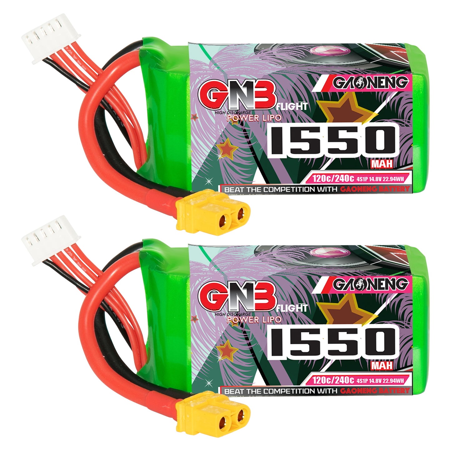 GAONENG GNB 4S 1550mAh 120C XT60 graphene LiPo battery, two-pack front label view