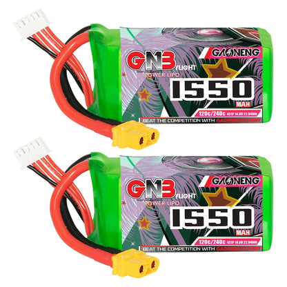 GAONENG GNB 4S 1550mAh 120C XT60 graphene LiPo battery, two-pack front label view