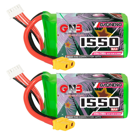 GAONENG GNB 4S 1550mAh 120C XT60 graphene LiPo battery, two-pack front label view