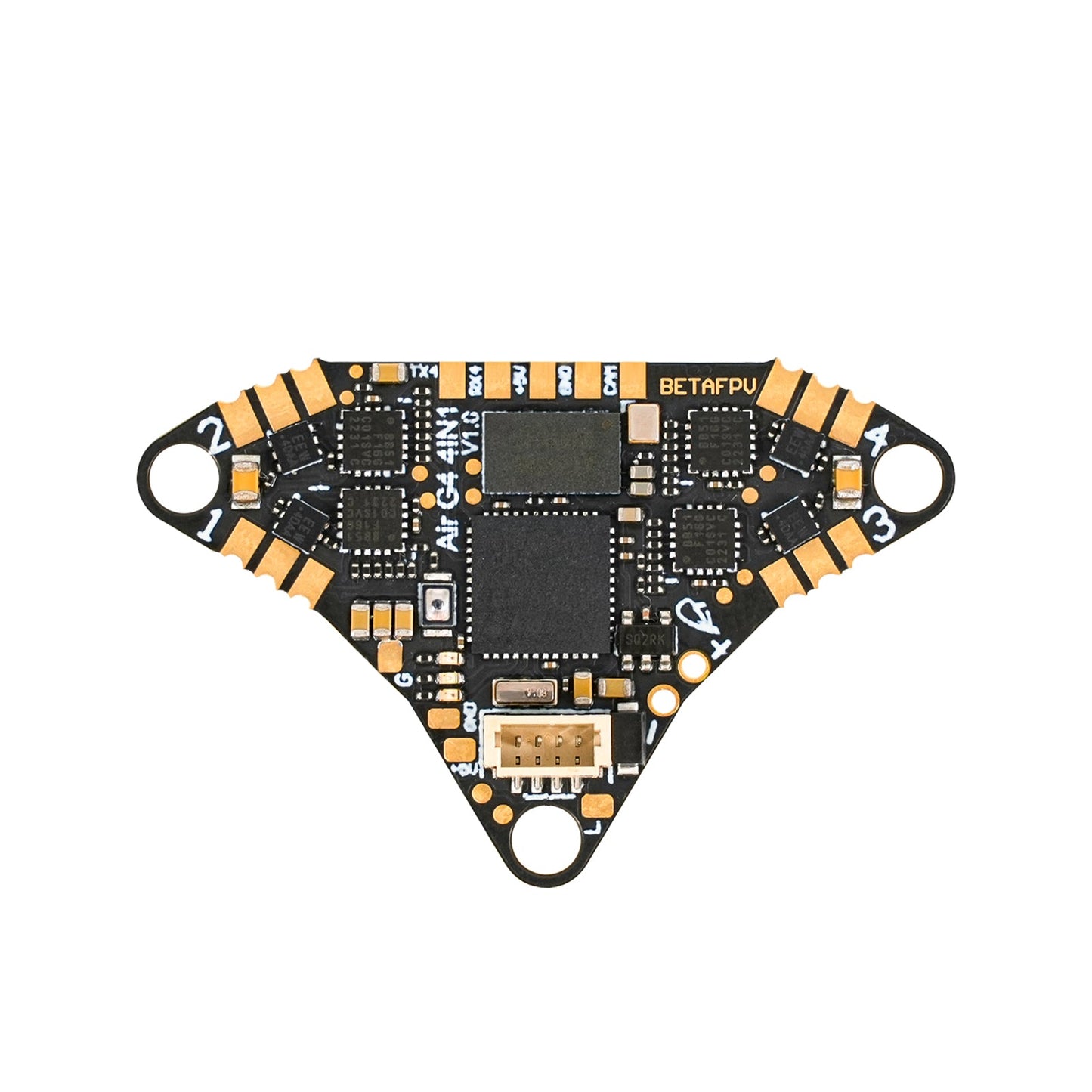 BETAFPV Air Brushless Flight Controller reverse side showing solder pads, BETAFPV marking, and plug connector