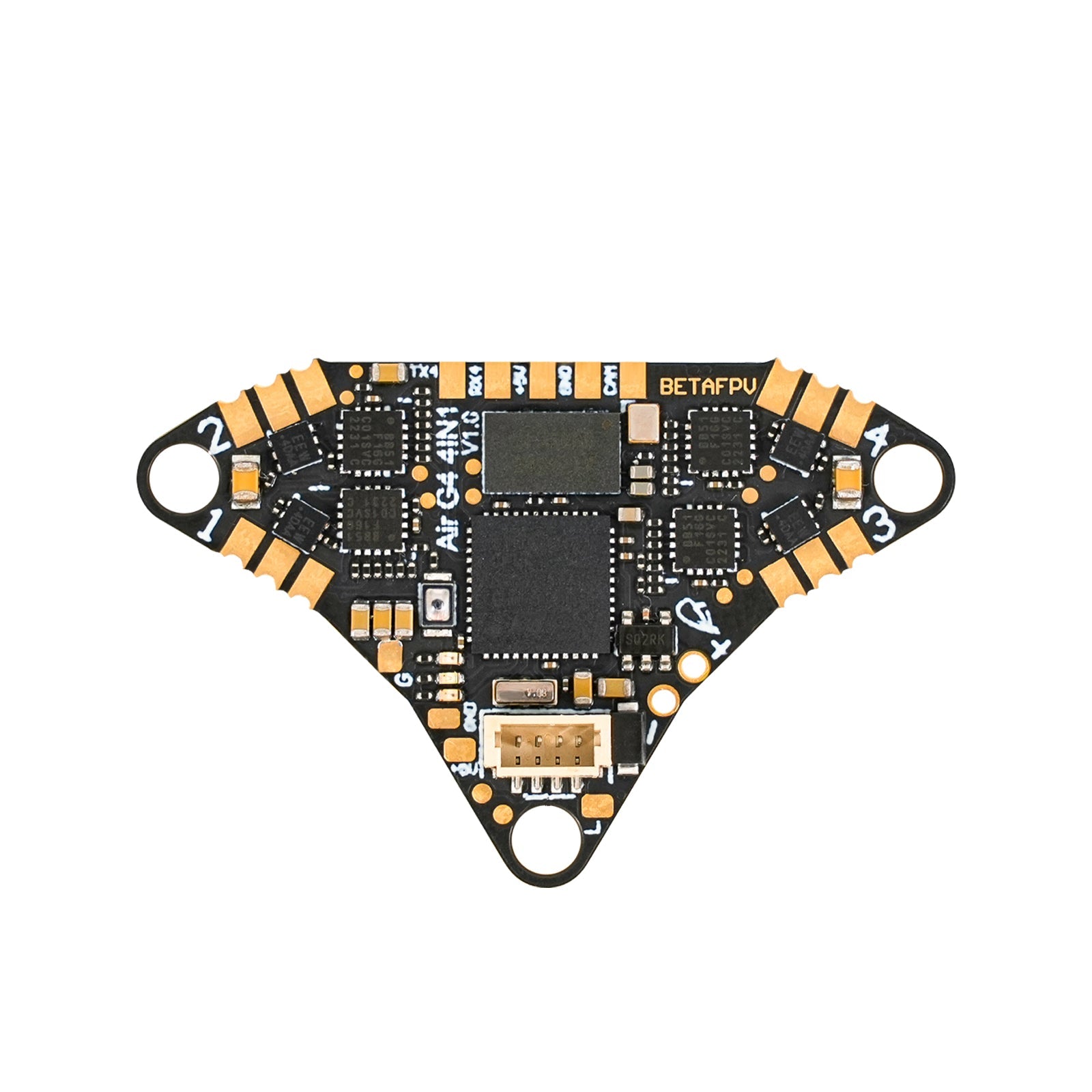 BETAFPV Air Brushless Flight Controller reverse side showing solder pads, BETAFPV marking, and plug connector