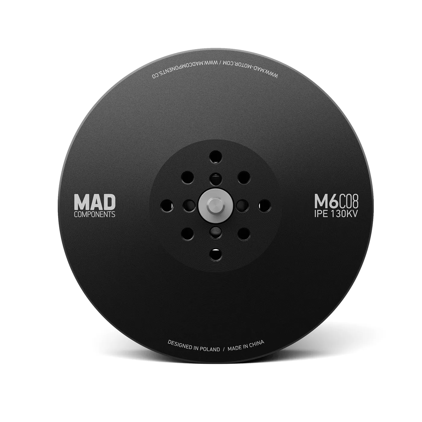 MAD Antimatter M6C08 IPE V3 Drone Motor, MAD Antimatter M6C08 IPE 130KV drone motor top view with black bell and multi-hole mounting pattern