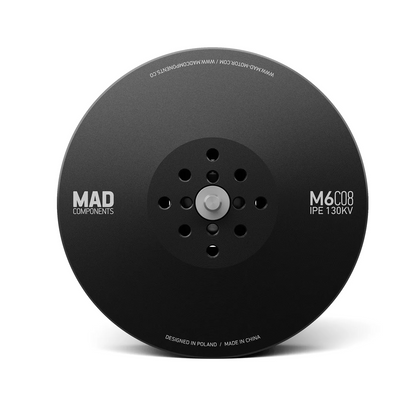 MAD Antimatter M6C08 IPE V3 Drone Motor, MAD Antimatter M6C08 IPE 130KV drone motor top view with black bell and multi-hole mounting pattern