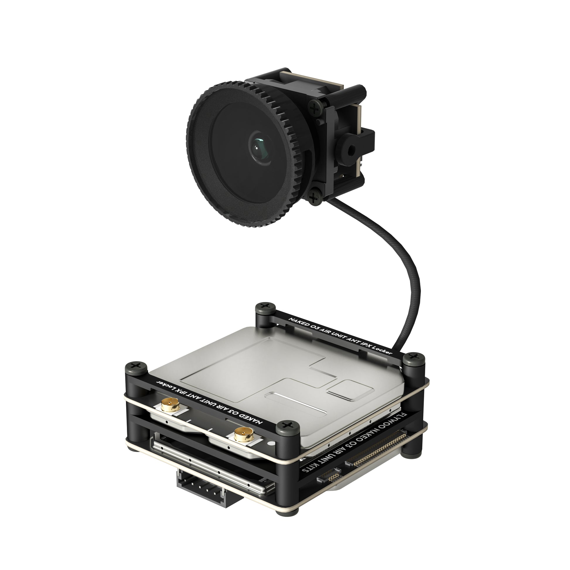 Flywoo Naked O3 upgrade case with stacked housing, standoffs, and connected camera module with wide lens