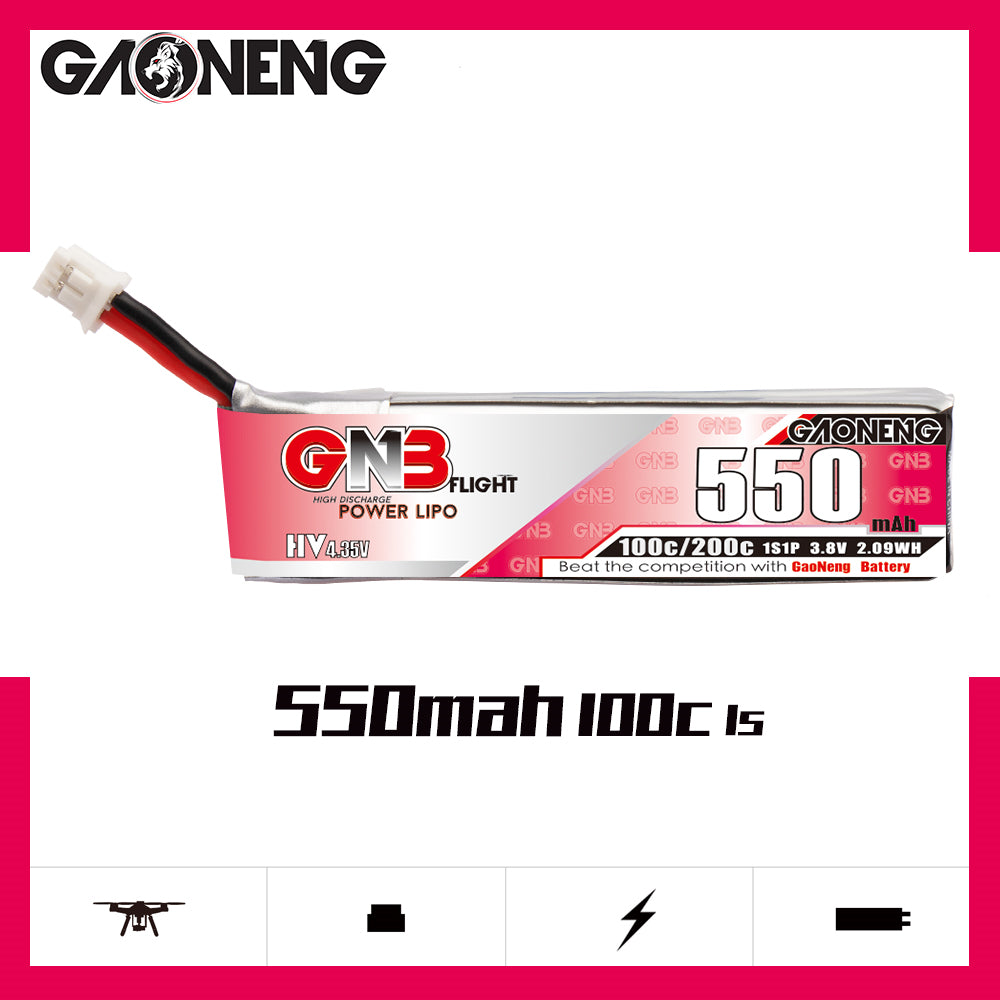 GAONENG GNB 550mAh 100C 1S LiHV battery side view with PH2.0 lead and branding