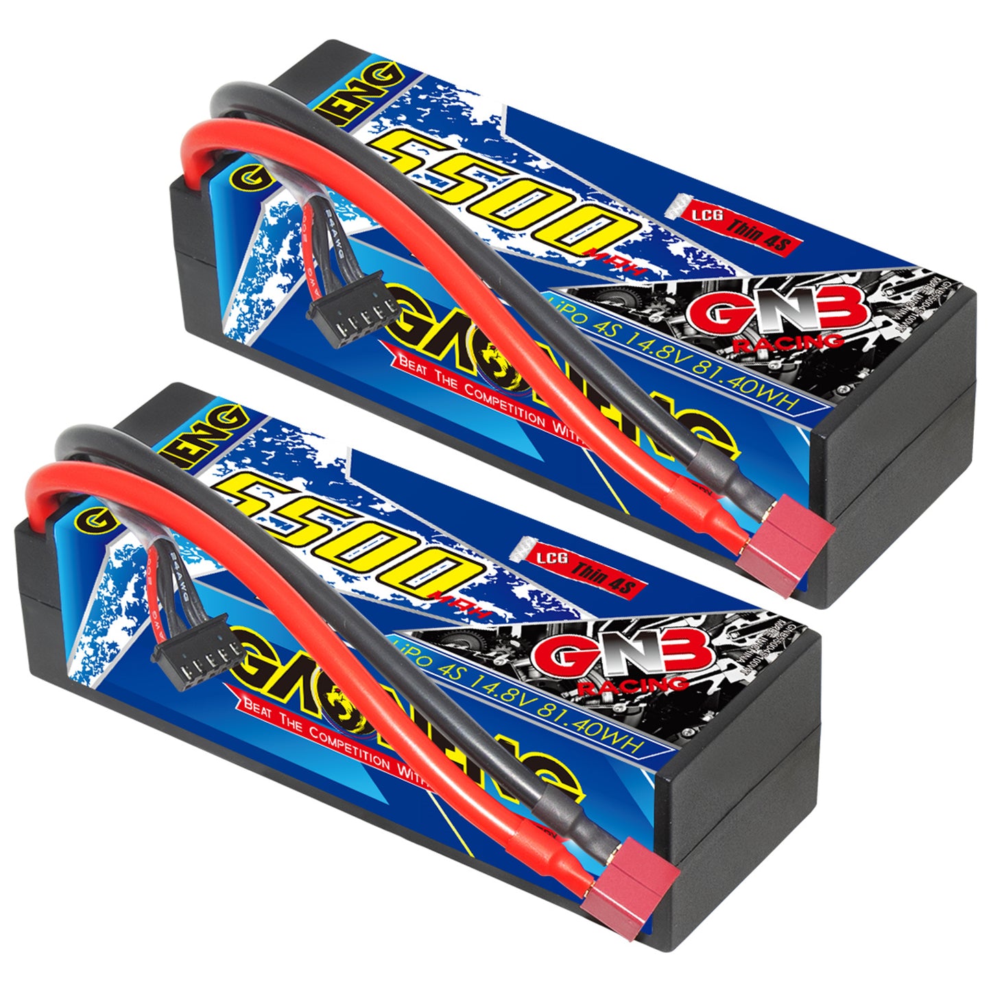 Two GAONENG GNB 5500mAh 4S hard case LiPo batteries shown at an angle with T-plug connectors