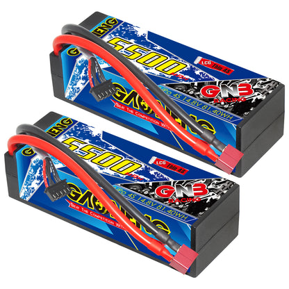 Two GAONENG GNB 5500mAh 4S hard case LiPo batteries shown at an angle with T-plug connectors
