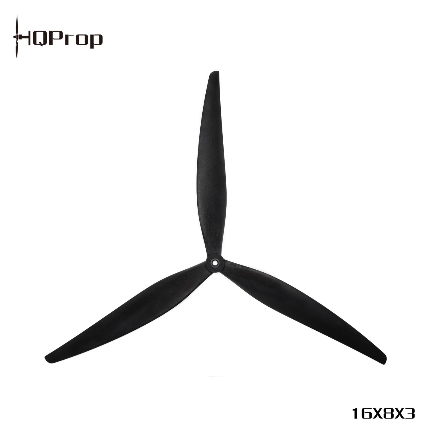 Black 3-blade propeller with HQProp logo and 16X8X3 size marking on white