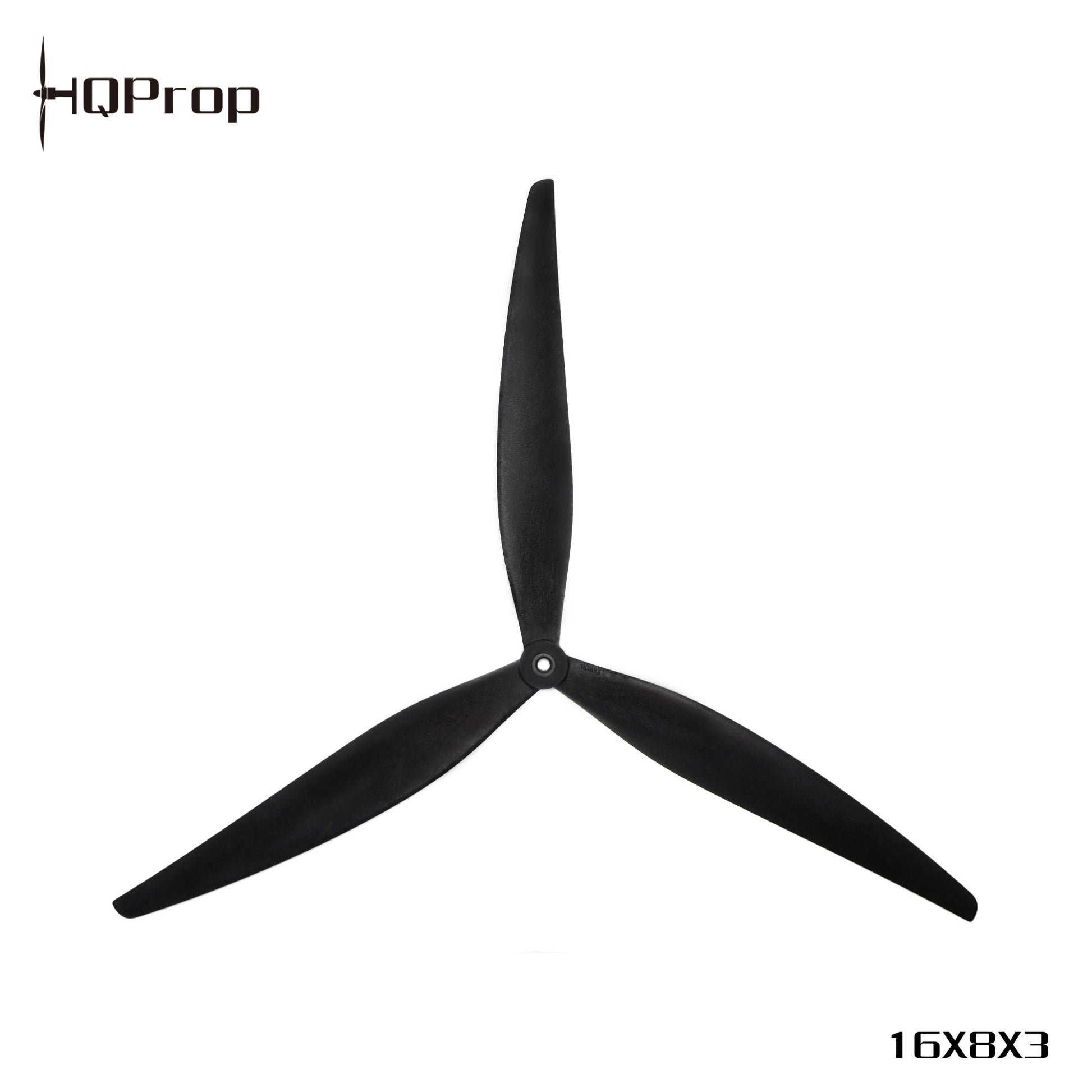 Black 3-blade propeller with HQProp logo and 16X8X3 size marking on white