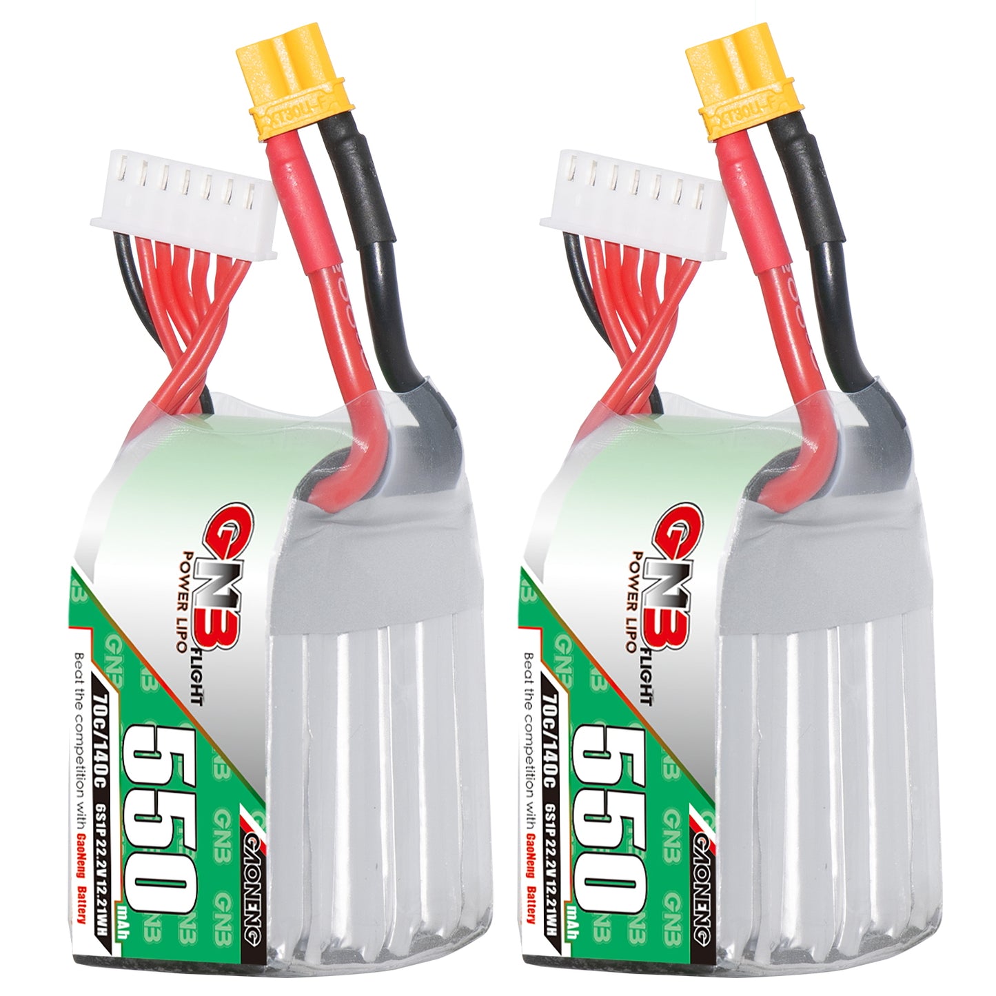 GAONENG GNB550 6S 22.2V 550mAh 70C LiPo battery pair with XT30 plug and balance lead